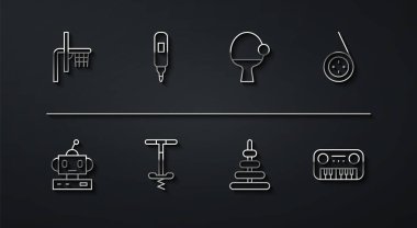 Set line Basketball backboard Robot toy Yoyo Pyramid Pogo stick jumping Marker pen Toy piano and Racket and icon. Vector.