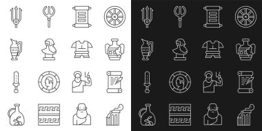 Set line Broken ancient column Decree parchment scroll amphorae Ancient bust sculpture Neptune Trident and Body armor icon. Vector.