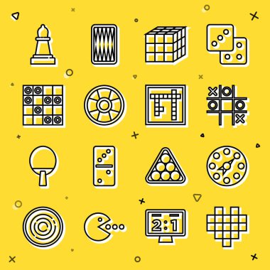 Set line Pixel hearts for game Twister Tic tac toe Rubik cube Casino chip Board of checkers Chess and Bingo icon. Vector.