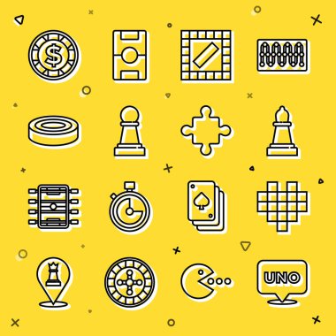 Set line Uno card game Pixel hearts for Chess Board Checker chips Casino with dollar and Puzzle pieces toy icon. Vector.