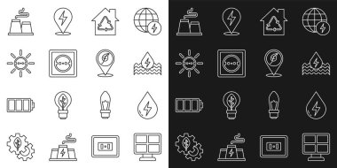 Set line Solar energy panel Water Eco House with recycling Electrical outlet Factory and Location leaf icon. Vector.