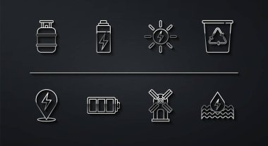 Set line Propane gas tank Lightning bolt Recycle bin with recycle Wind turbine Battery Water energy and Solar panel icon. Vector.