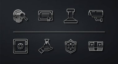 Set line Fingerprint Safe Security camera Police badge Bribe money bag Certificate template cash and Stamp icon. Vector.