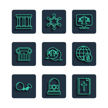 Set line Ball on chain Flasher siren Holy bible book Scales of justice Law pillar Prison window and International law icon. Vector.
