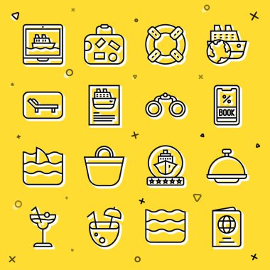 Set line Passport Covered with tray Cruise ticket Lifebuoy ship Sunbed and umbrella and Binoculars icon. Vector.