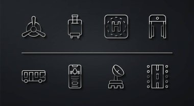 Set line Plane propeller Airport bus Metal detector in airport Radar Mobile with ticket Suitcase runway and Helicopter landing pad icon. Vector.