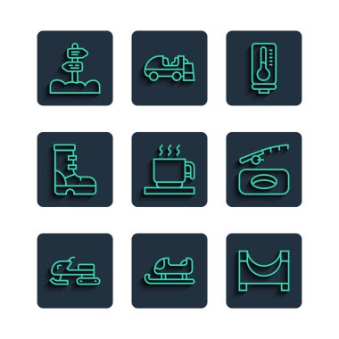Set line Snowmobile Sled Skate park Meteorology thermometer Hot chocolate cup Waterproof rubber boot Road traffic signpost and Winter fishing icon. Vector.