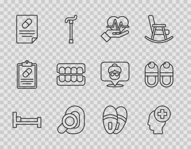 Set line Bed Male head with hospital Heart rate Hearing aid Medical prescription False jaw Slippers and icon. Vector.