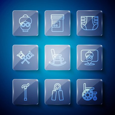 Set line Walking stick cane Sport expander Wheelchair Adult diaper Rocking Crutch crutches Grandmother and Nursing home icon. Vector.