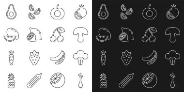 Set line Fresh green onions Broccoli Mushroom Peach fruit Lemon Melon Avocado and Cherry icon. Vector.