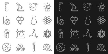 Set line Radioactive Atom Molecule Test tube and flask Chemical formula radiation and icon. Vector.