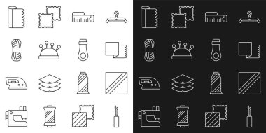 Set line Awl tool Textile fabric roll Tape measure Needle bed and needles Yarn and Zipper icon. Vector.