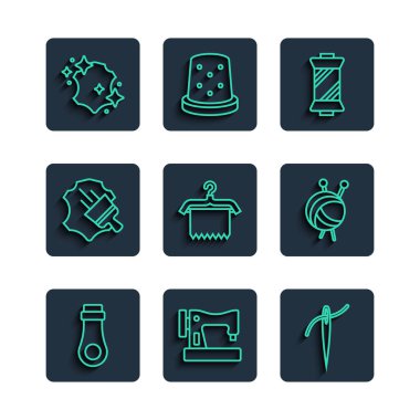 Set line Zipper Sewing machine Needle with thread on spool Hanger wardrobe Leather and Yarn ball knitting needles icon. Vector.