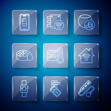 Set line Smart home with smart watch Digital door lock Electric extension cord Voice assistant Thermostat Water sensor Smartphone battery charge and wi-fi icon. Vector.