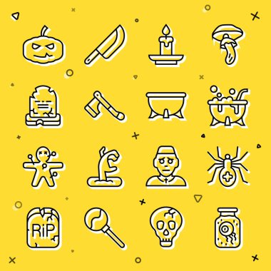 Set line Eye in a jar Spider Halloween witch cauldron Burning candle Wooden axe Tombstone with RIP written Pumpkin and icon. Vector.
