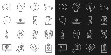 Set line Psychology Psi Metronome with pendulum Broken heart or divorce Psychologist online Man graves funeral sorrow Comedy and tragedy masks and Old hourglass icon. Vector.