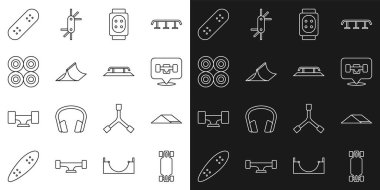Set line Longboard or skateboard Skate park Skateboard wheel Knee pads and stairs with rail icon. Vector.