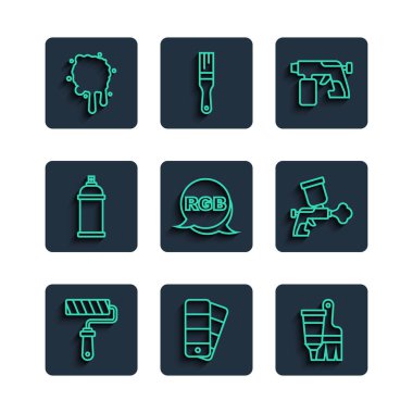 Set line Paint roller brush Color palette guide Tube with paint and spray gun RGB can and icon. Vector.