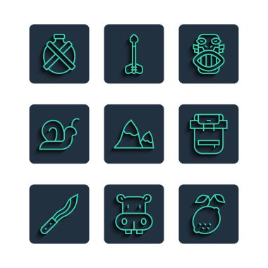 Set line Machete Hippo or Hippopotamus Lemon Mexican mayan aztec mask Mountains Snail Canteen water bottle and Hiking backpack icon. Vector.