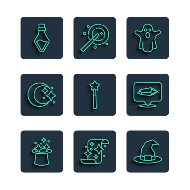 Set line Magic hat scroll Witch Ghost wand Moon stars Bottle with potion and stone icon. Vector.