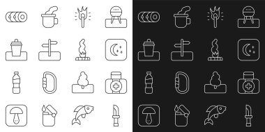 Set line Knife First aid kit Moon and stars Torch flame Road traffic sign Trash can Blanket roll and Campfire icon. Vector.