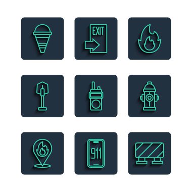 Set line Location with fire flame Mobile emergency call 911 Road barrier Fire Walkie talkie shovel cone bucket and hydrant icon. Vector.