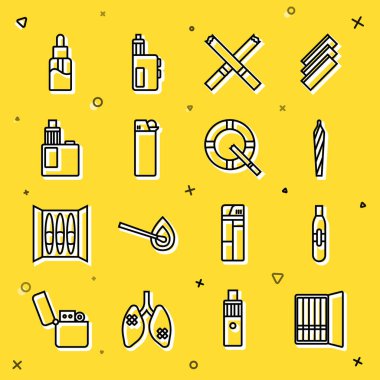 Set line Cigarette case Electronic cigarette Marijuana joint spliff Lighter Vape mod device liquid bottle and Ashtray with icon. Vector.