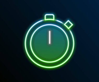 Parlayan neon hattı Stopwatch simgesi siyah arkaplanda izole edildi. Zaman göstergesi. Kronometre işareti. Renkli taslak konsepti. Vektör.