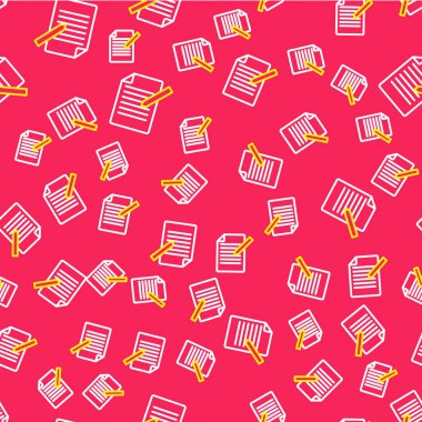 Line Document and pen icon isolated seamless pattern on red background. File icon. Checklist icon. Business concept. Vector.