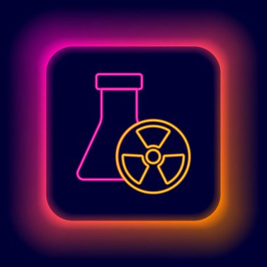 Siyah zemin üzerinde zehirli sıvı ikon bulunan parlak neon çizgisi laboratuvar kimyasal deney şişesi. Biyolojik tehlike sembolü. Radyasyon ikonu olan tehlikeli bir sembol. Renkli taslak konsepti. Vektör.