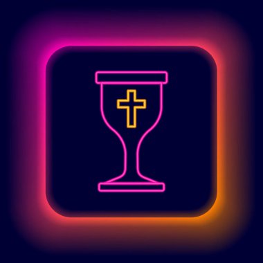 Parlayan neon hattı Hıristiyan kadeh simgesi siyah arka planda izole edildi. Hıristiyanlık ikonu. Mutlu Paskalyalar. Renkli taslak konsepti. Vektör.