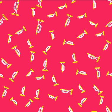 Line Trumpet icon isolated seamless pattern on red background. Musical instrument. Vector.