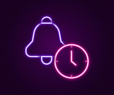 Parlayan neon hattı alarm saati simgesi siyah arkaplanda izole edildi. Uyan, kalk konsepti. Zaman işareti. Renkli taslak konsepti. Vektör.