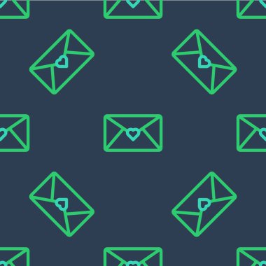 Valentine 'ın kalp ikonu olan Line Zarfı mavi arkaplandaki kusursuz deseni izole etti. Mesaj aşkım. Aşk ve romantizm mektubu. Vektör.