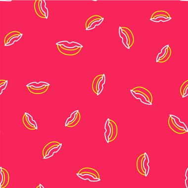 Line Smiling lips icon isolated seamless pattern on red background. Smile symbol. Vector.