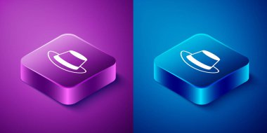 Isometric Oktoberfest hat icon isolated on blue and purple background. Hunter hat with feather. German hat. Square button. Vector.