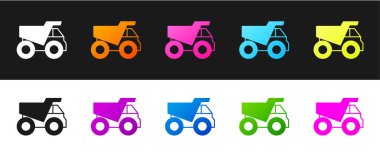 Set Mining dump truck icon isolated on black and white background. Vector.