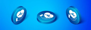Isometric Life insurance icon isolated on blue background. Security, safety, protection, protect concept. Blue circle button. Vector.