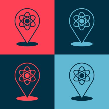 Pop Art Atom simgesi renk arkaplanında izole edildi. Bilimin, eğitimin, nükleer fiziğin, bilimsel araştırmaların sembolü. Vektör.