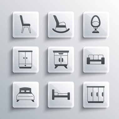 Set Bed Wardrobe Sofa Furniture nightstand Big bed Chair and Armchair icon. Vector.