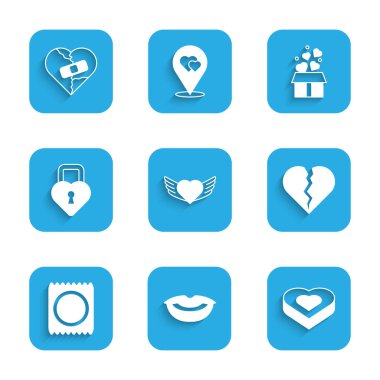 Set Heart with wings Smiling lips Candy heart shaped box Broken or divorce Condom package Castle the of Gift hearts and Healed broken icon. Vector.