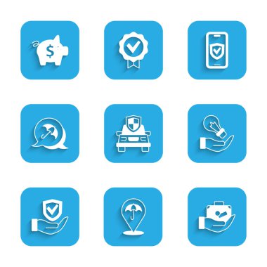 Set Car insurance Umbrella Travel suitcase hand Light bulb Shield Insurance online and Piggy bank icon. Vector.
