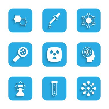 Set Radioactive Test tube Virus Atom Explosion in the flask Microorganisms under magnifier Molecule and Chemical formula icon. Vector.