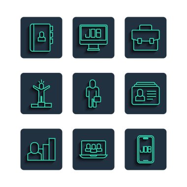 Set line Productive human Project team base Search job Briefcase Businessman Resume and icon. Vector.