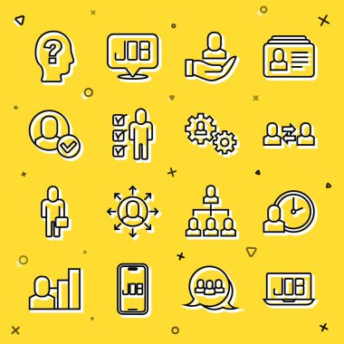 Set line Search job Work time Exchange work Worker Resume and Human with gear icon. Vector.