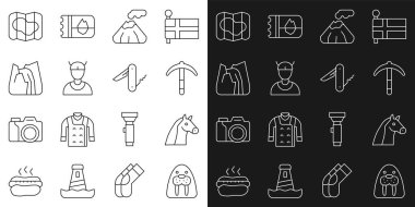 Set line Walrus animal Horse Pickaxe Volcano Viking head Waterfall Map of Iceland and Swiss army knife icon. Vector.