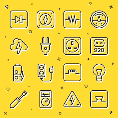 Set line Buzzer in electronic circuit Creative lamp light idea Electrical outlet Resistor plug Cloud and lightning Diode and icon. Vector.