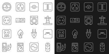 Set line Battery charge Inductor in electronic circuit Electric tower line Voltmeter light switch Electrical outlet and Washer icon. Vector.