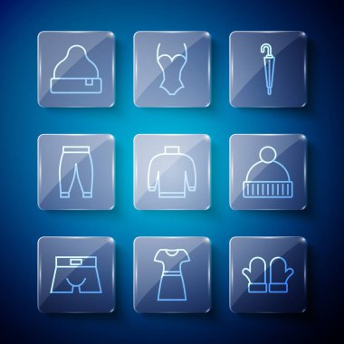 Set line Men underpants Woman dress Christmas mittens Umbrella Sweater Pants Beanie hat and icon. Vector.