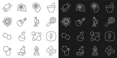 Set line Medicine pill or tablet Lightning bolt Microorganisms under magnifier Atom Genetically modified apple Planet Saturn and Microscope icon. Vector.